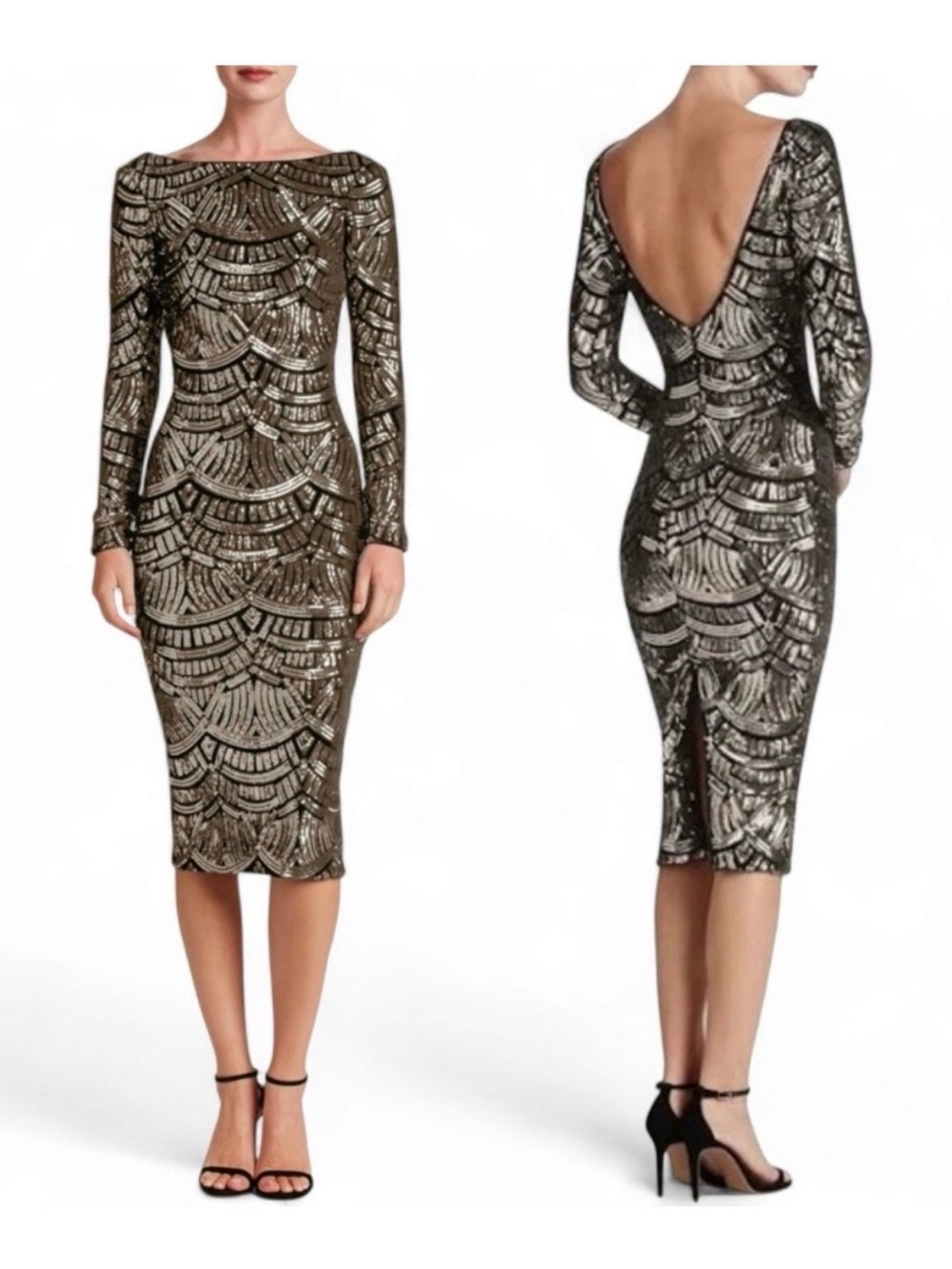 Dress the Population Emery Sequin Art Deco Open Back Midi Dress M